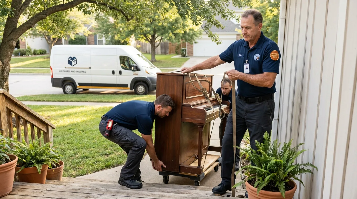 Licensed piano movers securing grand piano in Henryetta, OK