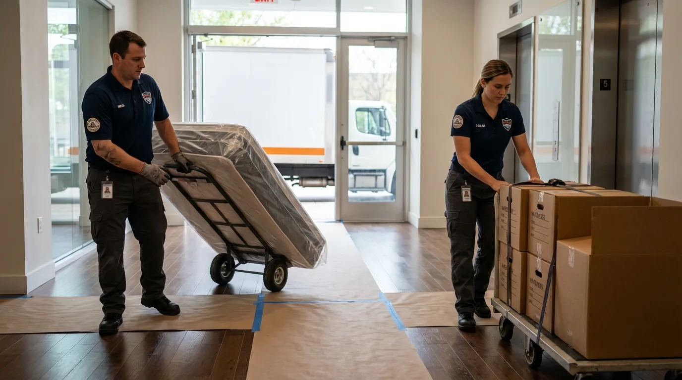 Professional apartment movers loading elevator in Henryetta, OK